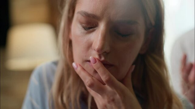 Stressed Caucasian family couple argument angry man shouting quarrel frustrated woman feeling upset husband lady arguing breakup at home bedroom divorce irritated guy screaming wife close up morning