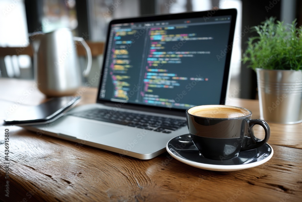 Poster laptop sits on wooden table with coffee and coding activity in a minimal startup workspace during da