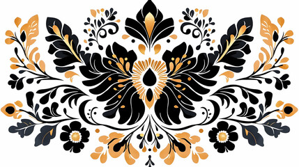 Ornate, symmetrical floral design in black and gold.