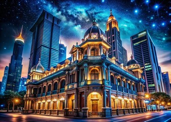 Naklejka premium Majestic Night Sky Illuminates Architectural Marvel: Stunning Cityscape at Night
