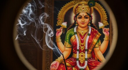 Obraz premium Lakshmi idol with incense creating a divine ambiance in the room.