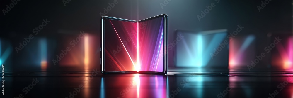 Aufkleber Futuristic Foldable Smartphone Unfolds With Vibrant Neon Display Showcasing Advanced Technology and Sleek Design