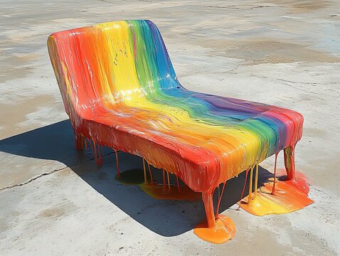 Modern Chaise Lounge with Dripping Rainbow Paint on Concrete Ground: Artistic Installation, Home Decor, or Creative Design Element