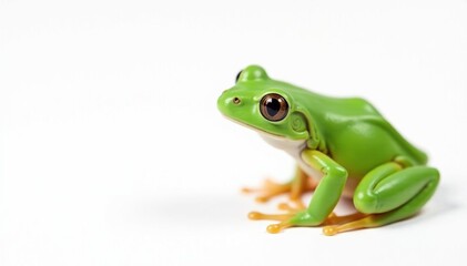 Naklejka premium Single bright green frog against pure white backdrop, closeup, reptile, fauna