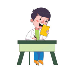 Smiling cartoon child scientist writing on clipboard, fun education, learning, and childhood concept art