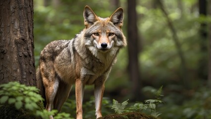 Golden Jackal in Natural Light Standing on Grassland