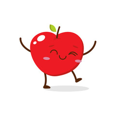Cute Smiling Red Apple Character. Kawaii Red Fruit Mascot Style Vector