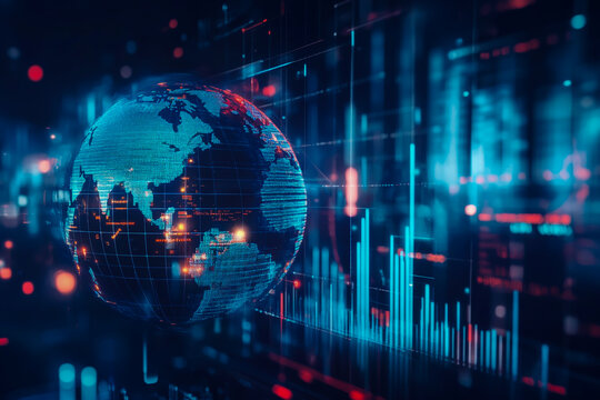 A futuristic digital globe displaying global business analytics, surrounded by bright bar graphs, line charts, and data visualizations that present financial trends and market performance.
