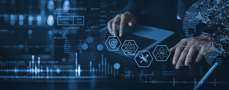 IT support, customer service concept. Computer engineer, technician coding on laptop computer connection with big data storage as backgrounds, digital technology, database, data management