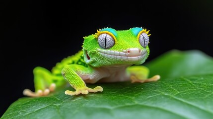 Fototapeta premium A vibrant green frog sitting on a leaf in a lush forest, close-up view with detailed texture, and natural wildlife photography.