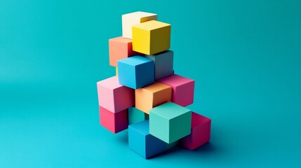 Fototapeta premium Multicolored Ai Generated Cubes Stacked Artistically Vibrant Cyan Colored Background