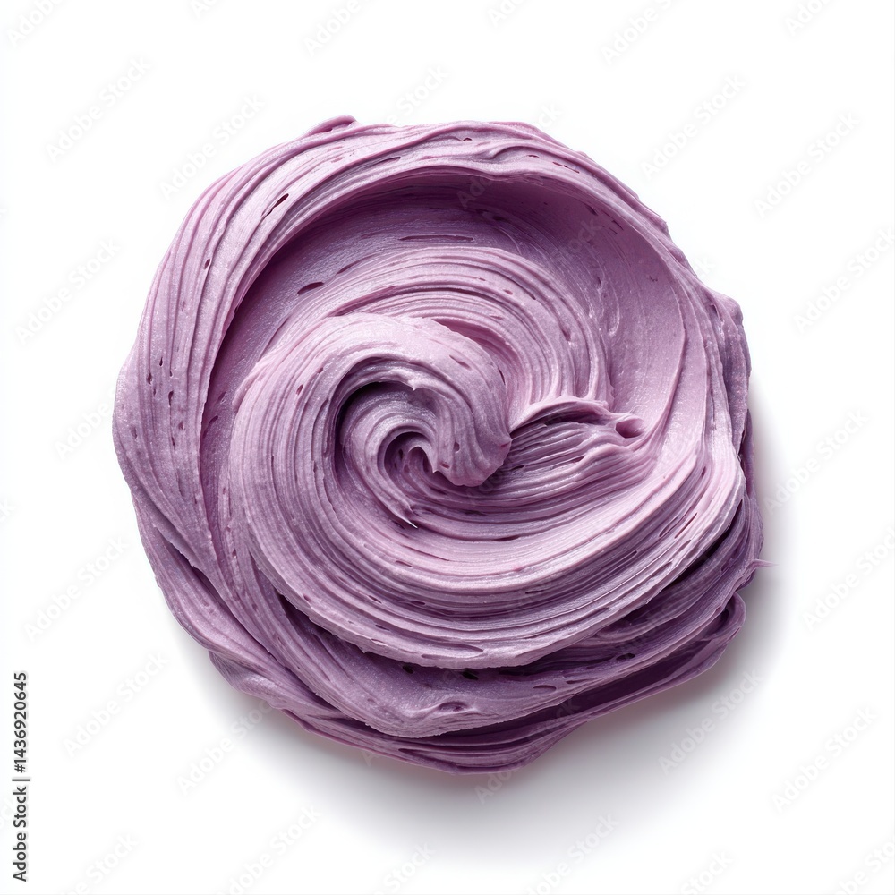 Poster a top down view of a swirl of purple slime on a white surface with visible texture and light shadows