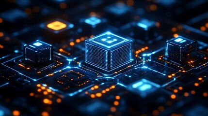 Illuminated Data Cubes on Futuristic Circuit Board