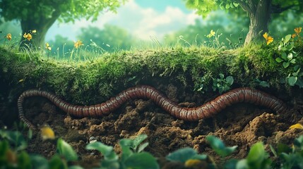 Obraz premium Earthworm in Lush Garden Soil Nature Scene