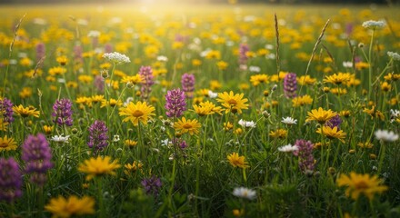 Obraz premium Wildflower Meadow with Daisies and Lupines in Sunlight