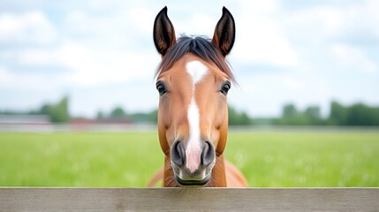 Horse portrait, looking directly at viewer, behind fence