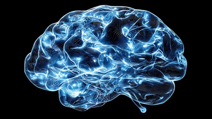Glowing Blue Brain on Black with Electric Connections