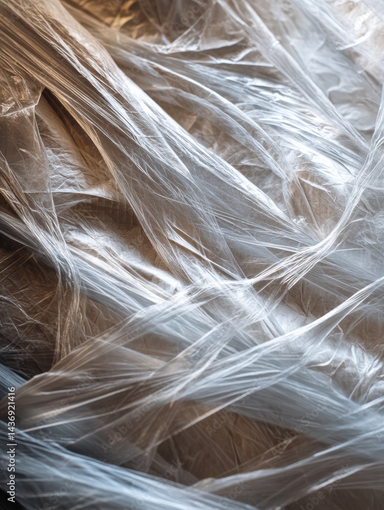 Poster Explore Intricate Patterns of Wrinkled Plastic Wrap With Abstract Textures Showcasing a Unique Interplay of Light and Shadow in a Close-Up View