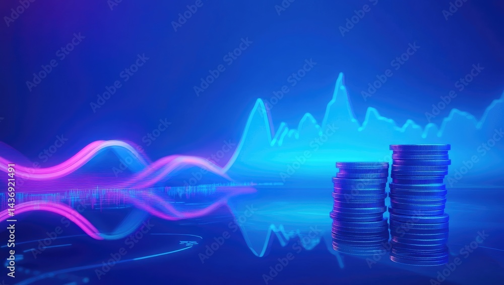 Poster neon lit coins reflecting with dynamic graph