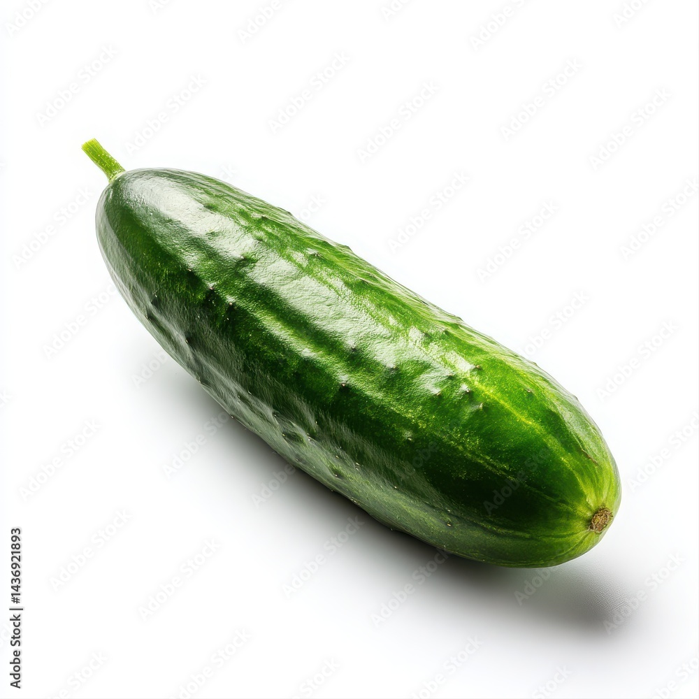 Poster a single fresh green cucumber lying diagonally on a plain white surface. cucumber isolated on white 