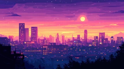 Pixel art cityscape sunset with vibrant colors and a full moon.