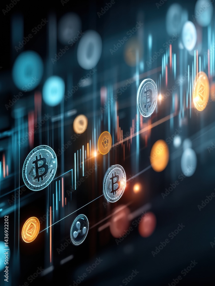 Poster futuristic digital space filled with floating crypto coins and dynamic graphs depicting market trend