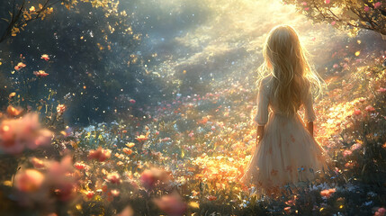A radiant maiden gazes into a vibrant floral field.