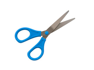 Blue handled scissors isolated on transparent background, modern school and office tool. Generative AI