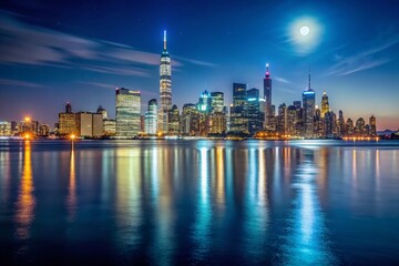 Obraz premium Minimalist Night Panoramic New York Cityscape: Blurred Neon Lights, Starry Sky, Moonlit Sea