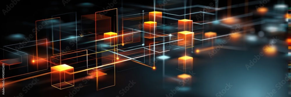 Poster Flowchart Transforms Into a Three-Dimensional AI Structure With Illuminated Edges and Dynamic Shapes in a Digital Space