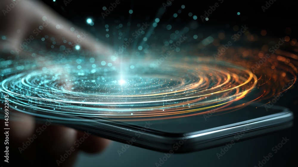 Poster Hand Engages a Smartphone Showcasing a Holographic Interface With Colorful Visuals Projected Above in a Modern Setting