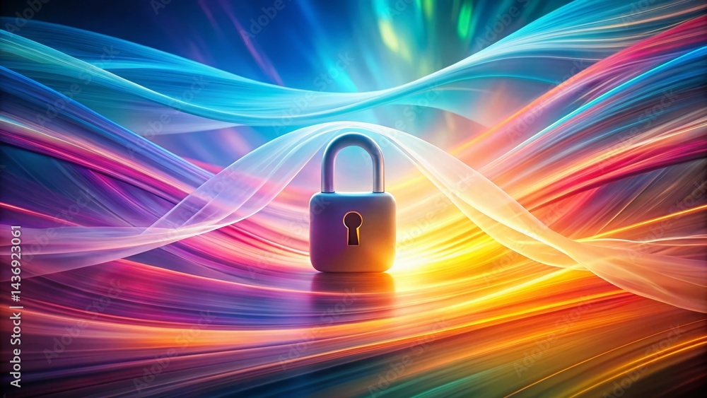 Poster minimalist security: double exposure of lock and abstract shapes, safe and secure concept