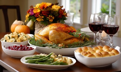Thanksgiving dinner spread on a table with roasted turkey, side dishes, and wine glasses.  Possible use For showcasing a holiday meal or showcasing Thanksgiving traditions