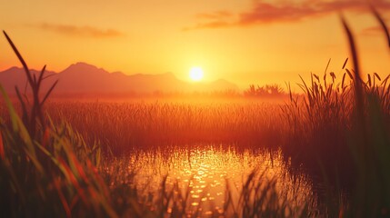 Serene Sunset over Calm Water and Grassy Wetlands