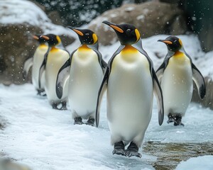 Fototapeta premium A shot of penguins walking on ice in a natural habitat, Wildlife, Cute and cold