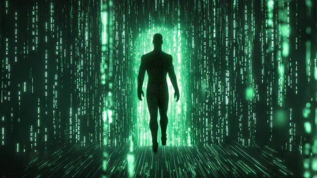 Entering the Matrix &ndash; Digital Man Walking Through Code Gate


