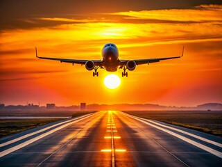 Fototapeta premium Minimalist Sunset Airplane Takeoff: Illuminated Runway & Silhouetted Plane