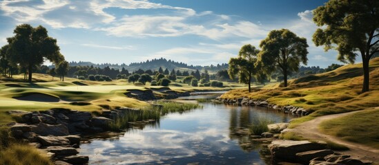 Fototapeta premium Panoramic view of a beautiful golf course with trees and lake