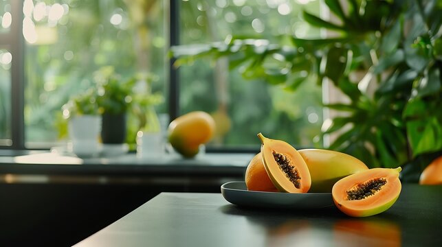 there is a plate of papanas on a table with a plant in the background
