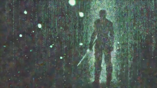 A lone figure braves a downpour, their silhouette etched against the stormy sky