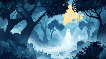 Forest shrouded in mystery with a ghostly presence. Bloomreach Mist. Illustration