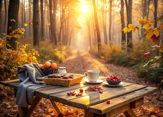 Misty Dawn Forest Breakfast: Sunlight Through Trees, Autumn Leaves