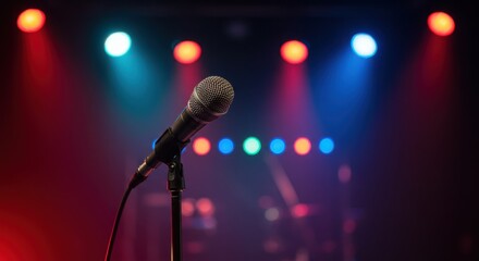 Obraz premium Microphone on stage illuminated with colorful lights