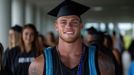Fototapeta premium Proud graduate at commencement ceremony. Smiling young man in graduation cap and gown, surrounded by fellow graduates