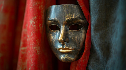 Dramatic theatrical mask partially hidden by crimson and gray drapery.