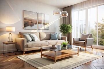 Modern Beige Living Room Interior Design: Gray Sofa & Coffee Table Double Exposure Stock Photo