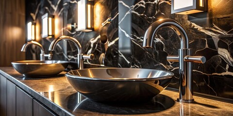 Modern Black Marble Bathroom Sink with Chrome Fixtures - Sleek Minimalist Design