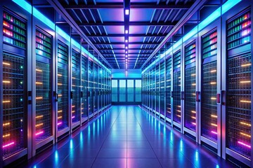 Fototapeta premium Modern Data Center Server Room: AI-Powered Infrastructure, Clean Technology, Network Servers, Rack Servers, Cloud Computing