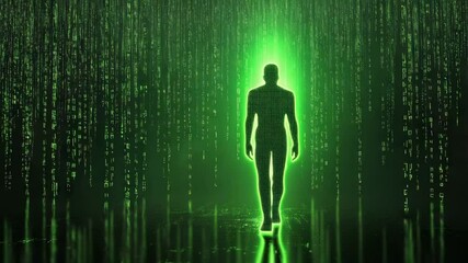 Silhouette of a dancing person blended with abstract binary code background in digital style - Powered by Adobe