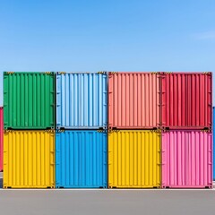 Eight colorful shipping containers are neatly stacked two rows high against a clear blue sky showcasing vibrant hues of green blue pink red and yellow perfect for logistics and